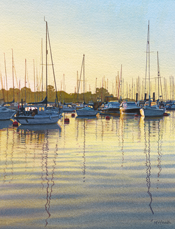 A painting of boats moored in Lymington Harbour at sunrise, by Margaret Heath RSMA.